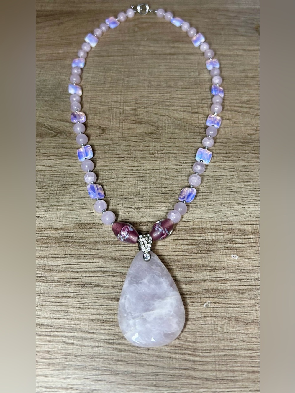 Pink Opalite, Lampwork & Rose Quartz Teardrop Pendant Necklace Handmade